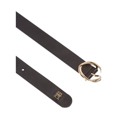 Ceinture en cuir noire unie lisse avec boucle dorée à double ovale et monogramme - Image 2