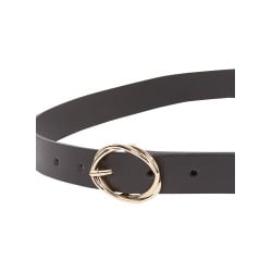 Ceinture en cuir noire unie lisse avec boucle dorée à double ovale et monogramme