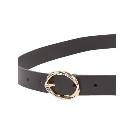 Ceinture en cuir noire unie lisse avec boucle dorée à double ovale et monogramme - Image 3