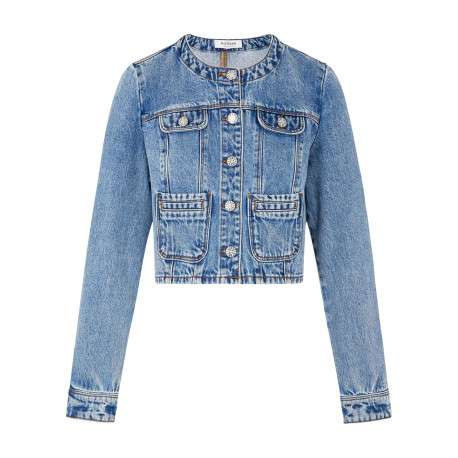 Blouson en Jean stone uni à coupe droite, col rond et boutons argentés