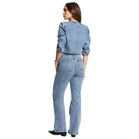 Blouson en Jean stone uni à coupe droite, col rond et boutons argentés - Image 2