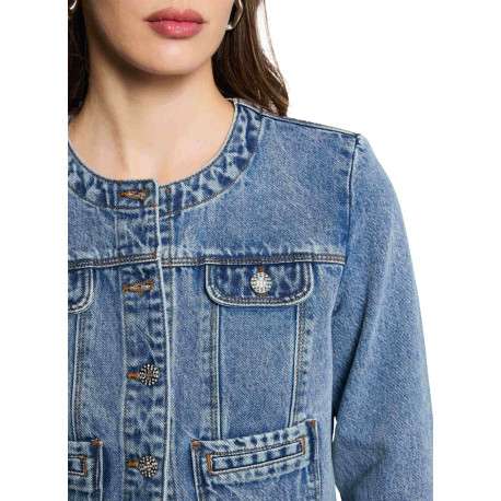 Blouson en Jean stone uni à coupe droite, col rond et boutons argentés - Image 3