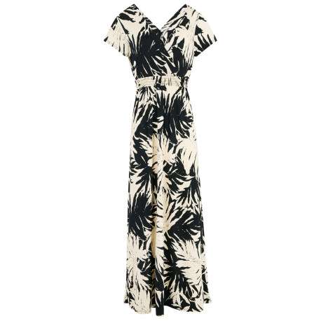 Robe longue beige à imprimé tropical noir cintrée à col v et à manches courtes