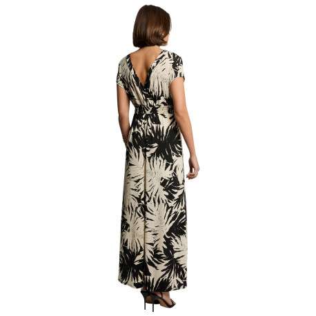 Robe longue beige à imprimé tropical noir cintrée à col v et à manches courtes - Image 2