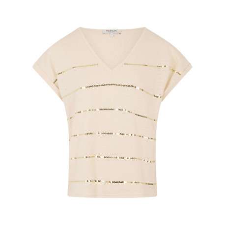 T-shirt écru avec rayures en sequins dorés, coupe ajustée et à manches courtes