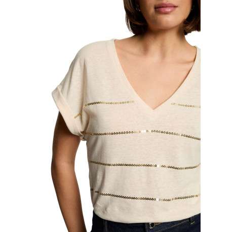 T-shirt écru avec rayures en sequins dorés, coupe ajustée et à manches courtes - Image 3