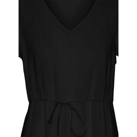 Robe courte noire unie à coupe cintrée, col v et à manches courtes - Image 2