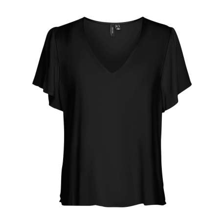 Top noir uni avec un col v et des manches courtes volantes et amples
