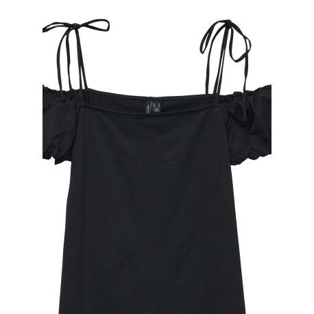 Robe courte noire unie à coupe droite et à manches courtes avec bretelles - Image 2
