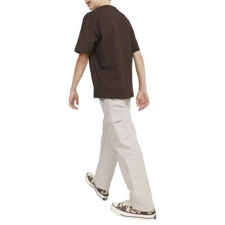 Pantalon cargo beige uni en coton à coupe droite avec 6 poches et logo blanc - Image 5