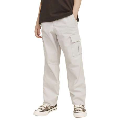 Pantalon cargo beige uni en coton à coupe droite avec 6 poches et logo blanc - Image 6