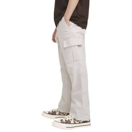 Pantalon cargo beige uni en coton à coupe droite avec 6 poches et logo blanc - Image 7