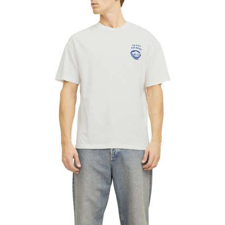 T-shirt en coton blanc imprimé bleu à coupe ample et col rond - Image 5