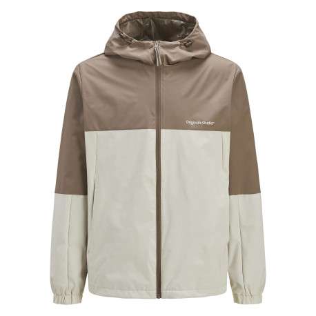 Blouson manches longues marron et beige à coupe droite avec col à capuche