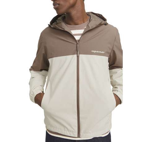 Blouson manches longues marron et beige à coupe droite avec col à capuche - Image 4