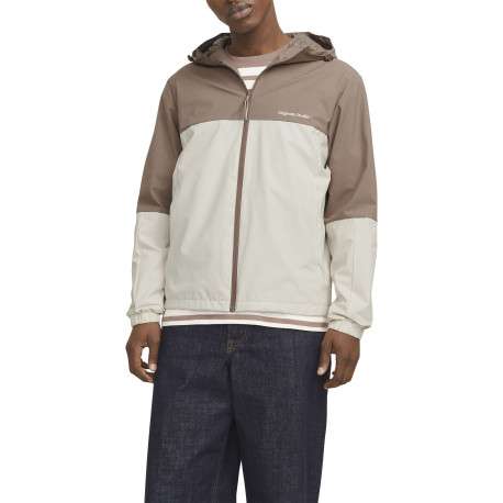 Blouson manches longues marron et beige à coupe droite avec col à capuche - Image 5