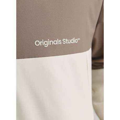 Blouson manches longues marron et beige à coupe droite avec col à capuche - Image 7