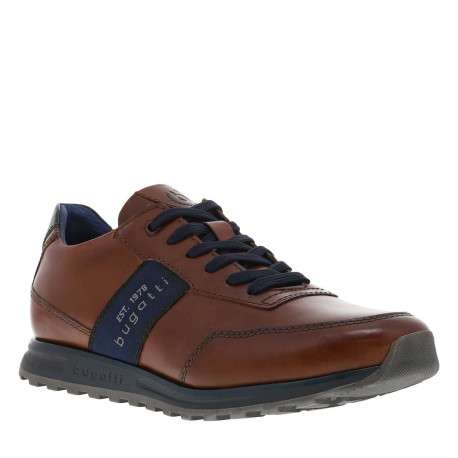 Sneakers en cuir cognac à semelle grise avec lacets plats bleus - Image 3