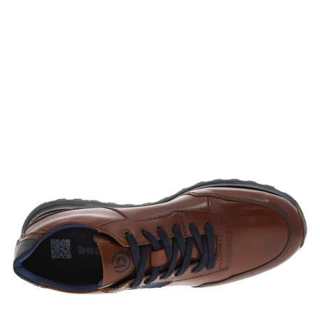 Sneakers en cuir cognac à semelle grise avec lacets plats bleus - Image 4
