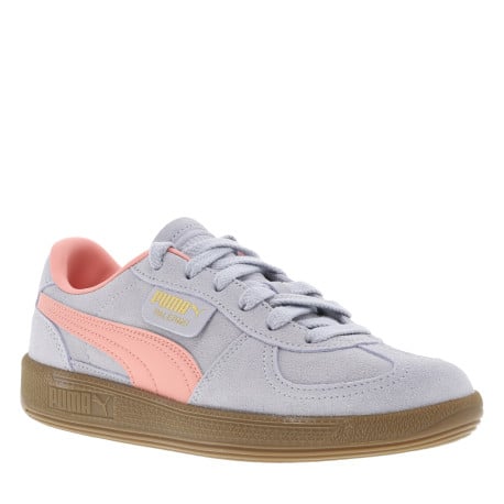 Tennis mauves en cuir à semelle marron avec logo rose et or et lacets plats