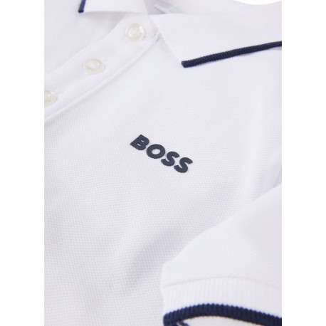 Polo en coton blanc en maille piquée à coupe droite avec logo bleu marine - Image 3