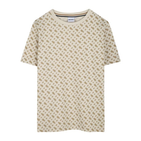 T-shirt en coton beige avec motif imprimé all-over à coupe droite et col rond
