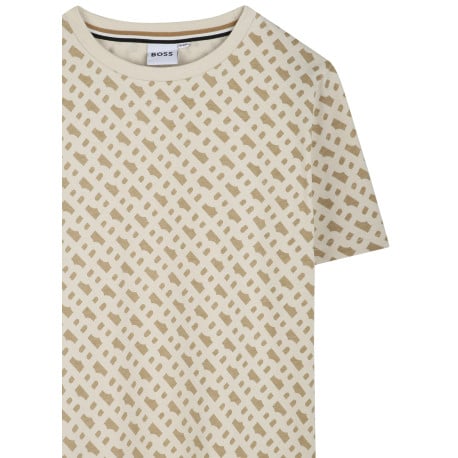 T-shirt en coton beige avec motif imprimé all-over à coupe droite et col rond - Image 3