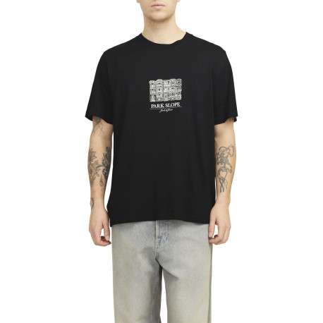 T-shirt en coton noir uni avec un building et une coupe droite à col rond - Image 4