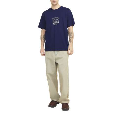 T-shirt en coton bleu uni avec un col rond et une coupe droite - Image 2