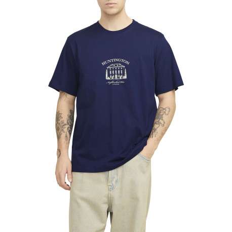 T-shirt en coton bleu uni avec un col rond et une coupe droite - Image 4