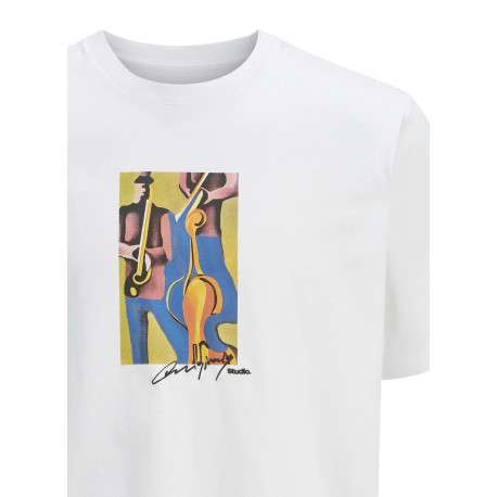 T-shirt en coton blanc uni avec des musiciens et une coupe droite à col rond - Image 3