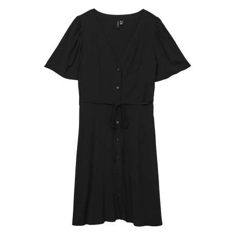 Robe courte noire unie avec une coupe droite fluide, col v et à manches courtes