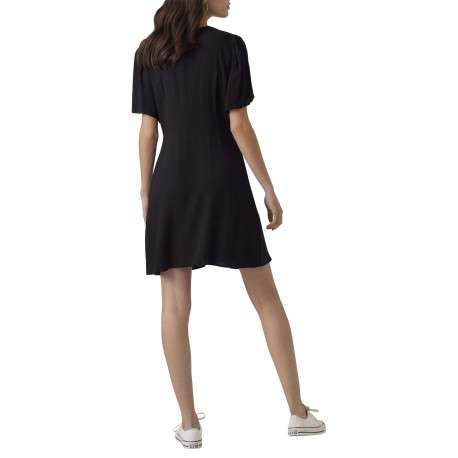 Robe courte noire unie avec une coupe droite fluide, col v et à manches courtes - Image 2
