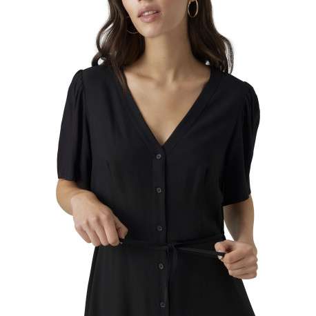 Robe courte noire unie avec une coupe droite fluide, col v et à manches courtes - Image 3