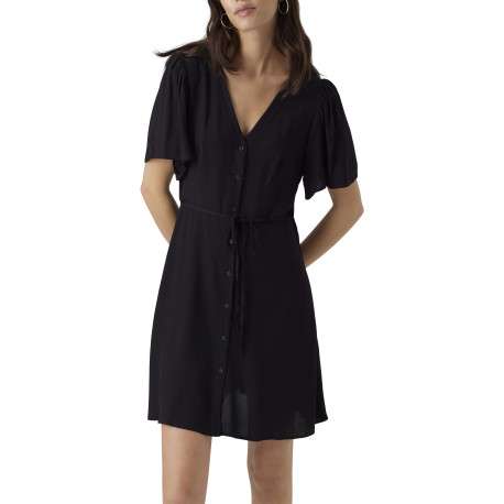 Robe courte noire unie avec une coupe droite fluide, col v et à manches courtes - Image 4