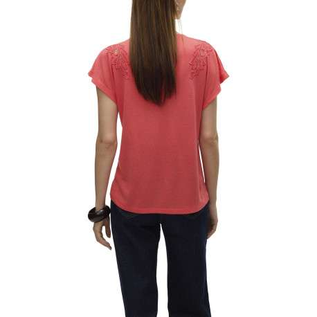 T-shirt rouge uni à coupe droite, col v et à manches courtes avec dentelle - Image 2