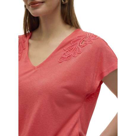 T-shirt rouge uni à coupe droite, col v et à manches courtes avec dentelle - Image 3