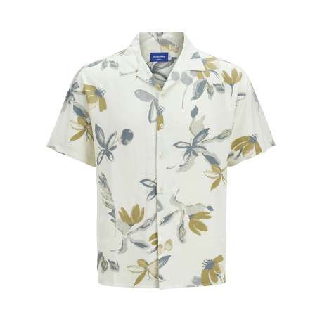 Chemise écrue à imprimé floral avec un col cubain et une coupe droite