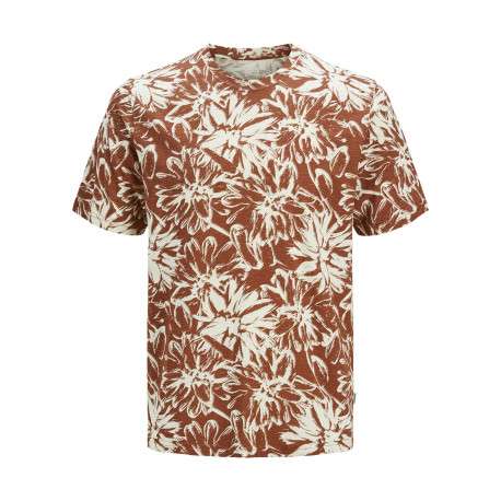 T-shirt en coton rouille imprimé à motif floral avec coupe droite et col rond