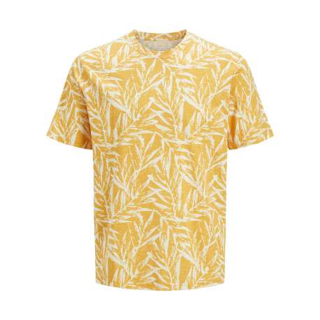 T-shirt jaune imprimé à motif floral en coton avec col rond et coupe droite