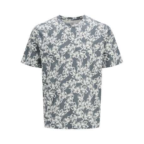T-shirt manches courtes en coton bleu imprimé à motif floral avec un col rond