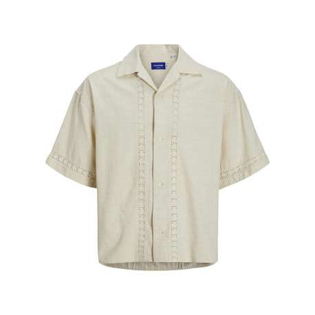Chemise manches courtes écrue unie à coupe ample avec col cubain