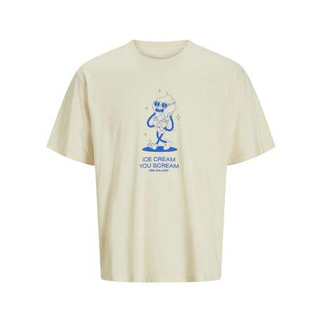 T-shirt manches courtes en coton écru imprimé à coupe loose avec col rond