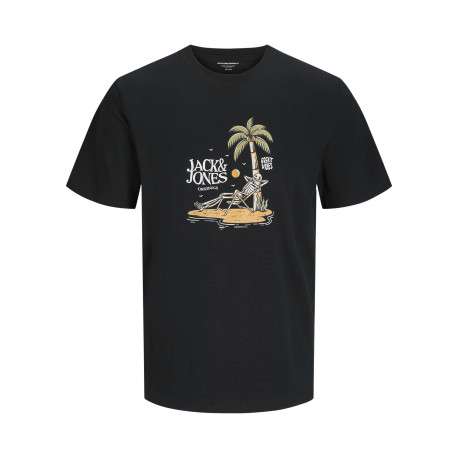 T-shirt manches courtes en coton noir imprimé plage à col rond et coupe regular