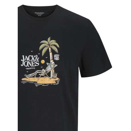 T-shirt manches courtes en coton noir imprimé plage à col rond et coupe regular - Image 2