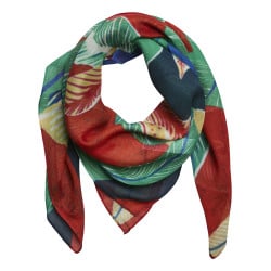 Foulard rouge à imprimé jungle multicolore et surpiqûres ton sur ton