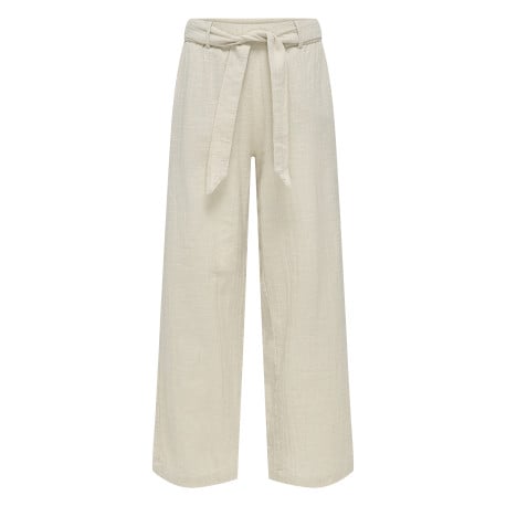 Chino en coton beige uni large et fluide aspect lin avec ceinture à la taille