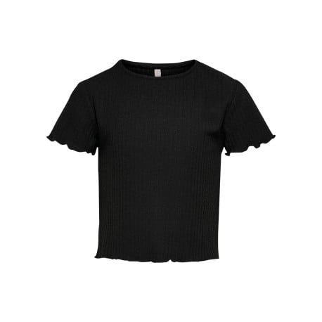 T-shirt noir uni ajusté à col rond et à manches courtes avec froufrous