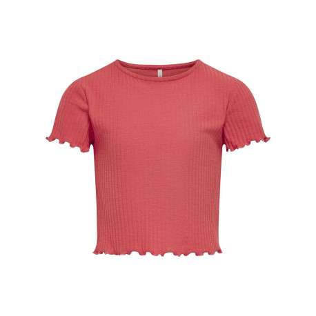 T-shirt framboise uni ajusté à col rond et à manches courtes avec froufrous