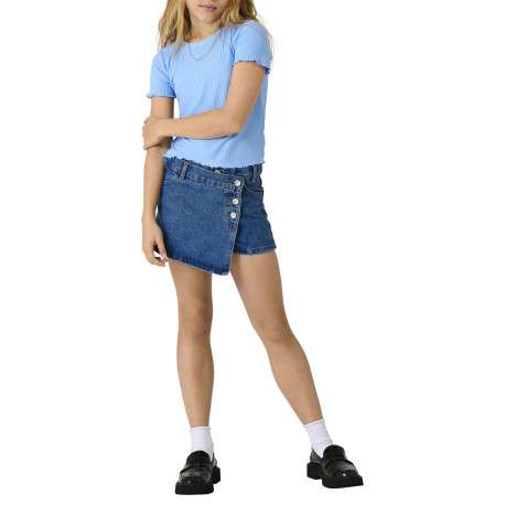Short 5 Poches en coton bleu uni avec rabat façon jupe à boutons et poches - Image 4